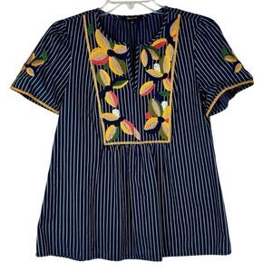 Madewell Fable Floral Striped Embroidery Short Sleeve Blouse Small